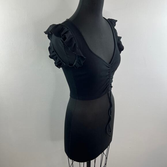 ZARA Black Cropped Top Tie-Up Deep V-Neck Ruffle Sleeve Pullover Size Medium M - Picture 5 of 8